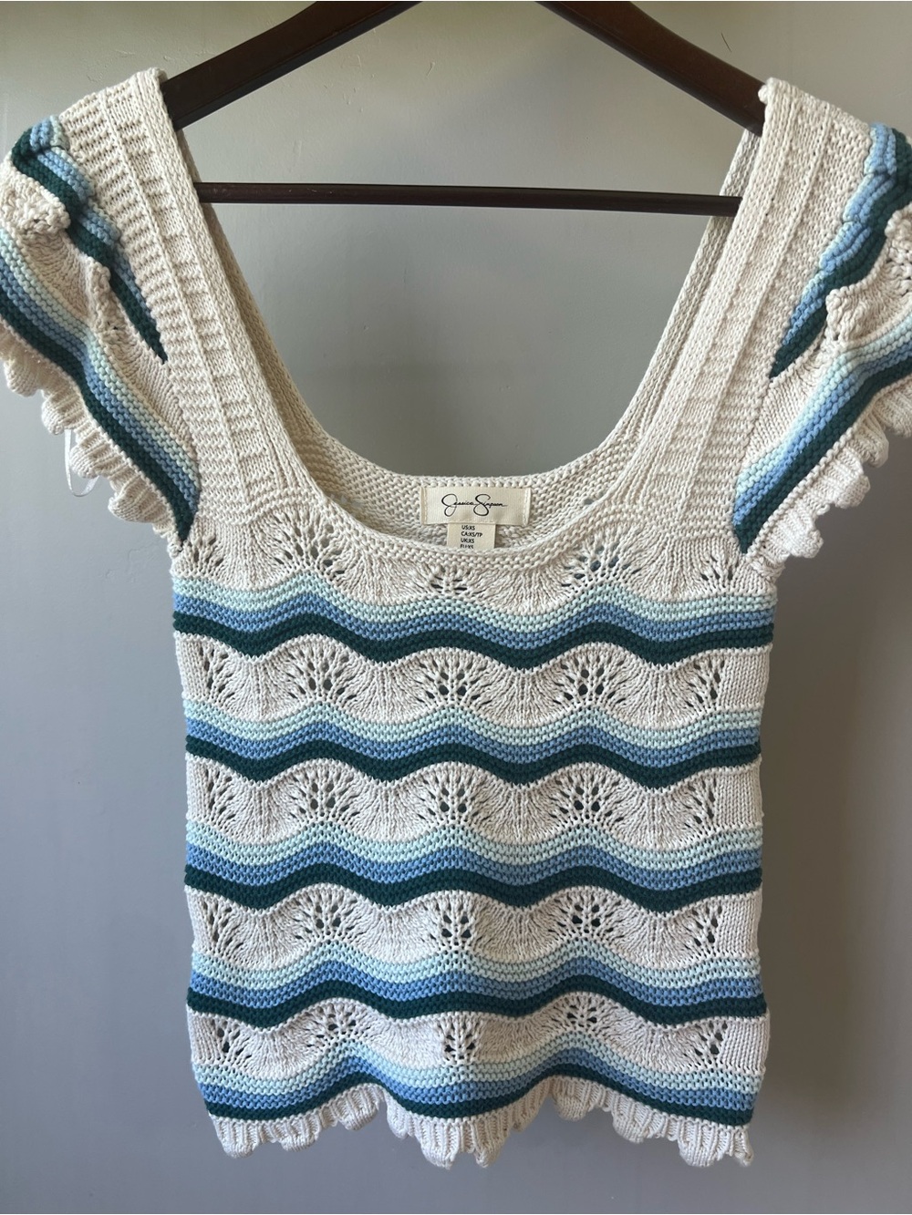 Jessica Simpson Crochet Knit Teal Blue White Ruffle Top Boho Festival Womens XS